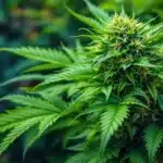 Mature man with glasses inspecting cannabis plants in a greenhouse.