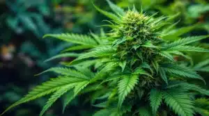 Mature man with glasses inspecting cannabis plants in a greenhouse.