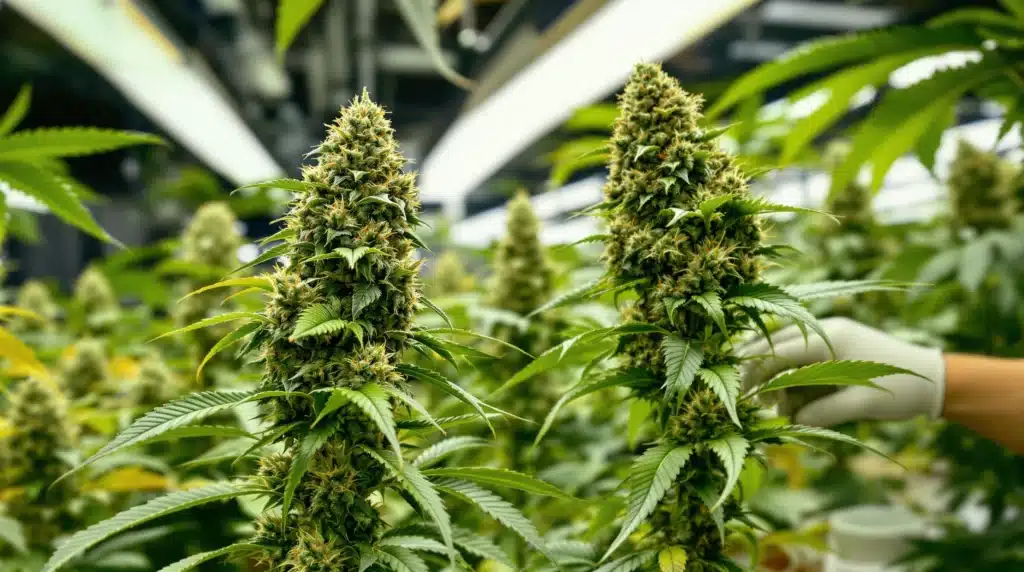 Close-up of flowering cannabis buds under grow lights in an indoor cultivation setup.