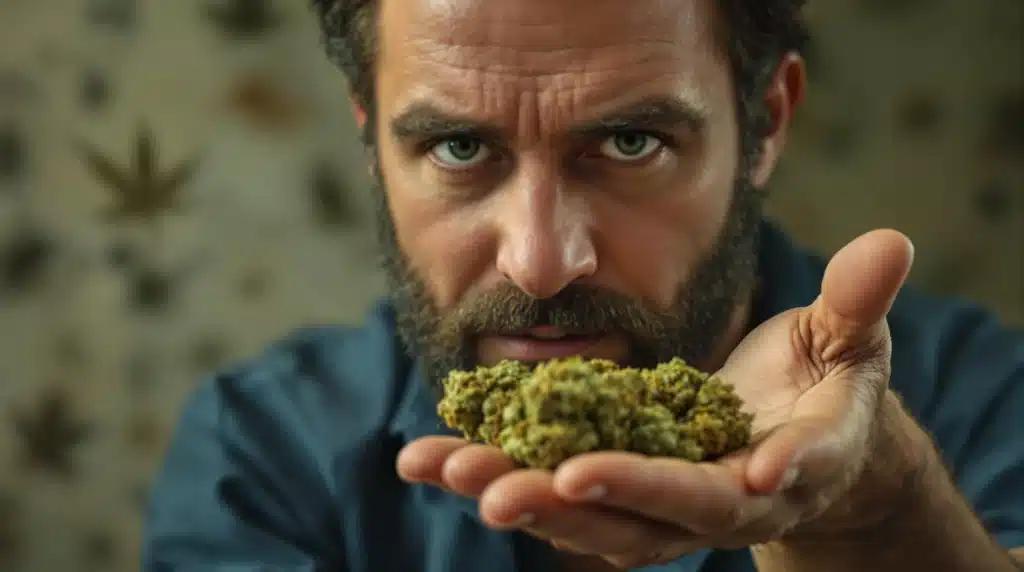 Close-up of a serious man holding cannabis buds in his hand with an intense gaze.