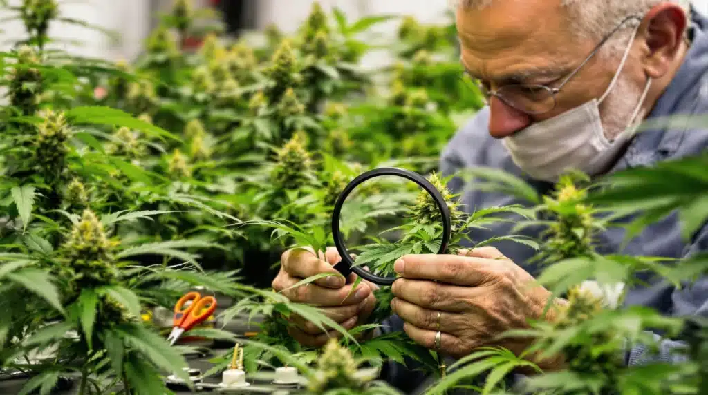 Cannabis plants thriving under high-intensity LED lights in a high-tech grow room.