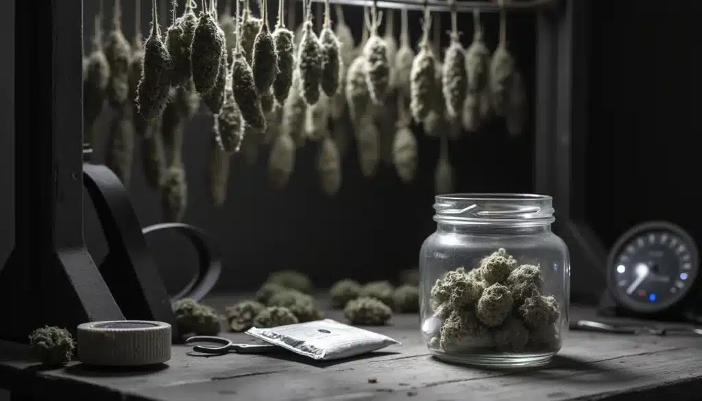 Cannabis buds hanging to dry on a rack with a glass jar of cured flowers on a dark wooden table.