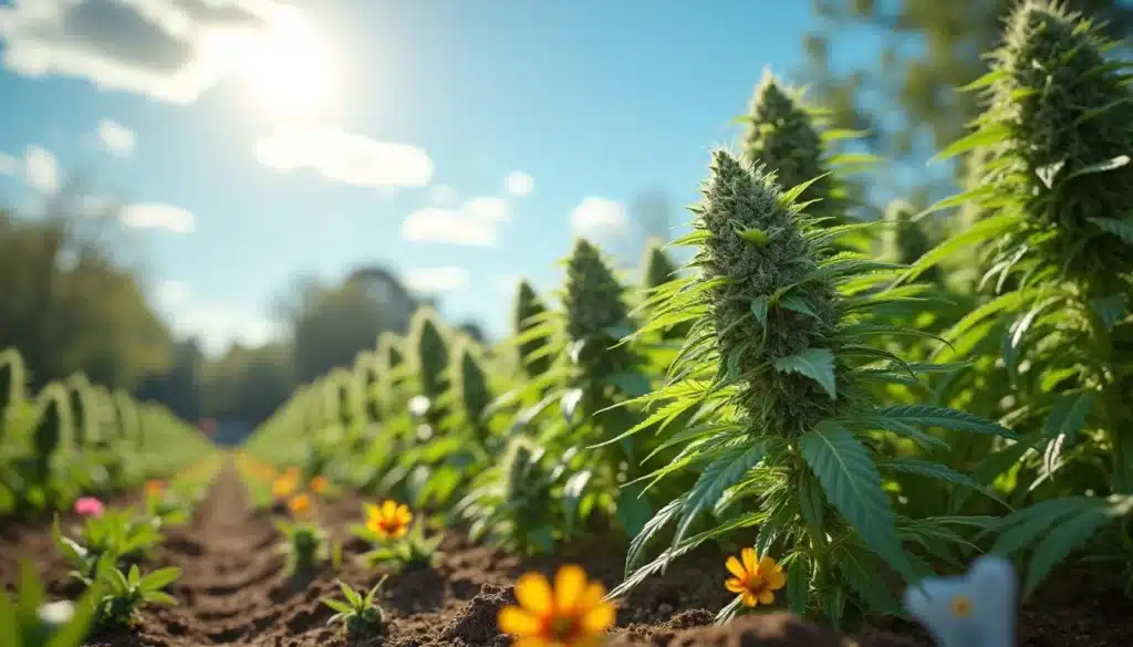 Lush cannabis plants growing outdoors in neat rows under bright sunlight with flowers in the foreground.