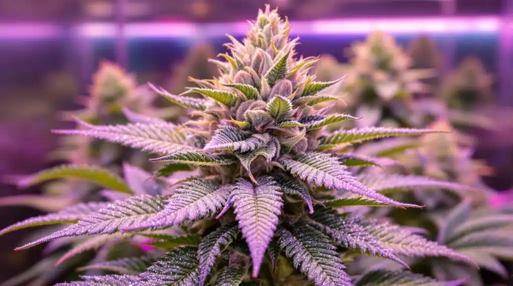 Cannabis plant with purple lighting highlighting dense buds and frosty leaves.