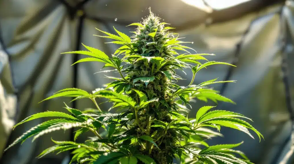 Sunlit cannabis plant in a grow tent with lush green leaves and developing buds.