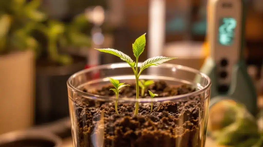 Cannabis seedling growing in a glass cup with fresh soil, surrounded by indoor gardening equipment.