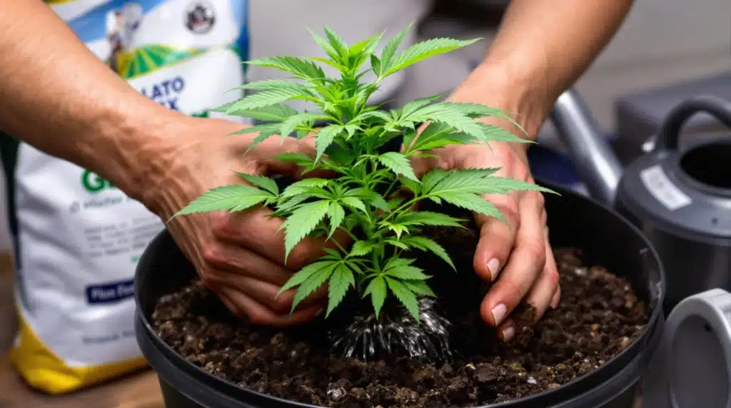 Hands carefully transplanting a young cannabis plant into a pot filled with fresh soil.