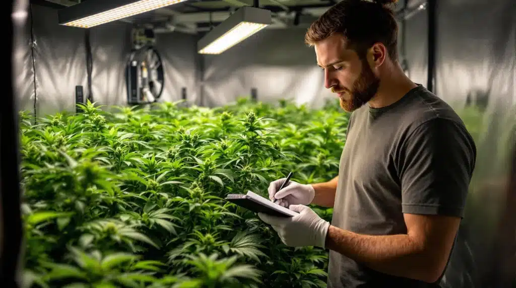 A cannabis grower wearing gloves takes notes while inspecting plants under LED grow lights.