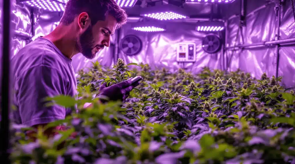 A man examines cannabis plants under purple LED grow lights inside an indoor cultivation facility.
