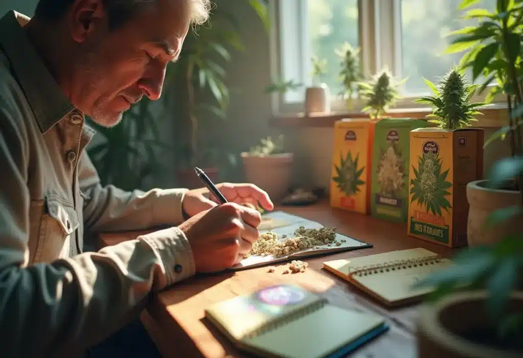A man studies cannabis buds at a wooden desk with notebooks and packaged products in the background.