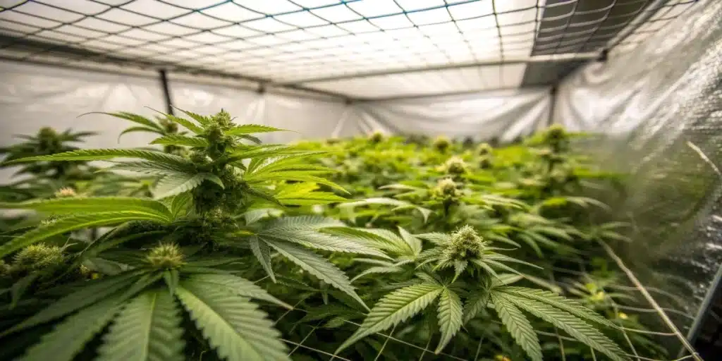 A close-up image of cannabis plants growing using the SCROG method. The plants are spread out evenly under a mesh screen, with vibrant green leaves and multiple budding sites. The setting is an indoor grow tent with proper lighting and ventilation.