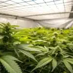 A close-up image of cannabis plants growing using the SCROG method. The plants are spread out evenly under a mesh screen, with vibrant green leaves and multiple budding sites. The setting is an indoor grow tent with proper lighting and ventilation.