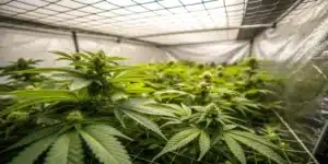 A close-up image of cannabis plants growing using the SCROG method. The plants are spread out evenly under a mesh screen, with vibrant green leaves and multiple budding sites. The setting is an indoor grow tent with proper lighting and ventilation.