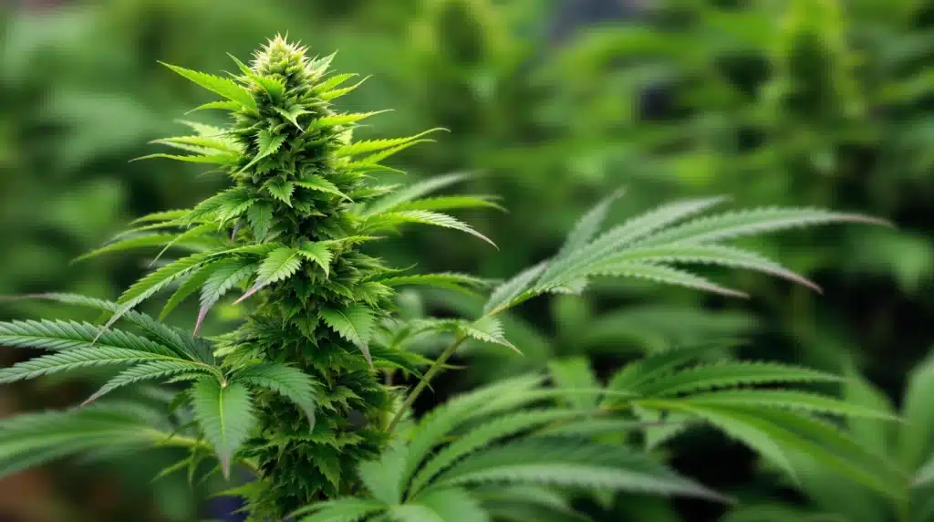 Macro shot of a cannabis flower covered in trichomes with surrounding green leaves.