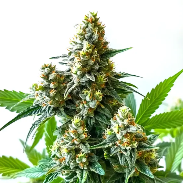 5 Alive cannabis strain with dense frosty buds and vibrant orange pistils.
