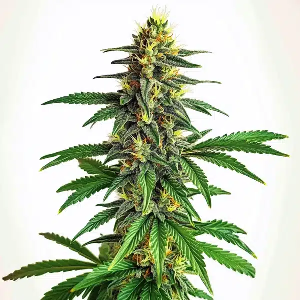 AK 47 Fast Version cannabis with compact, frosty buds and deep green serrated leaves.