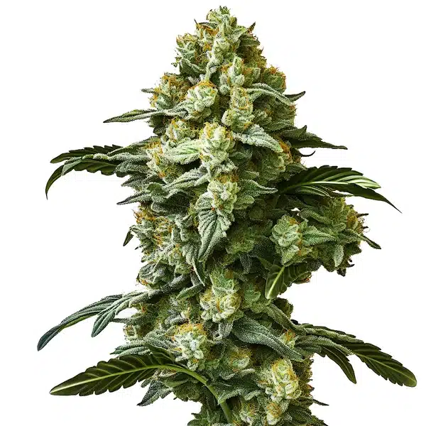 Banana Kush Auto bud with thick trichomes, yellow-green tones, and fruity-smelling orange pistils