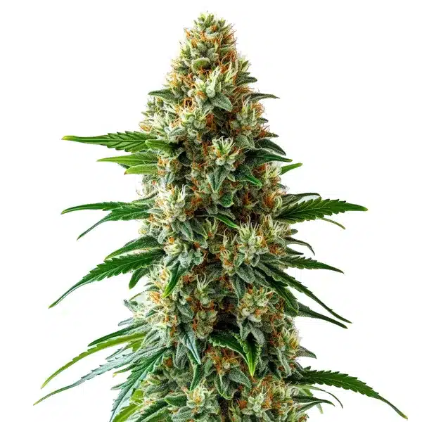 Bubblegum Auto plant with dense buds, orange pistils, and green leaves.