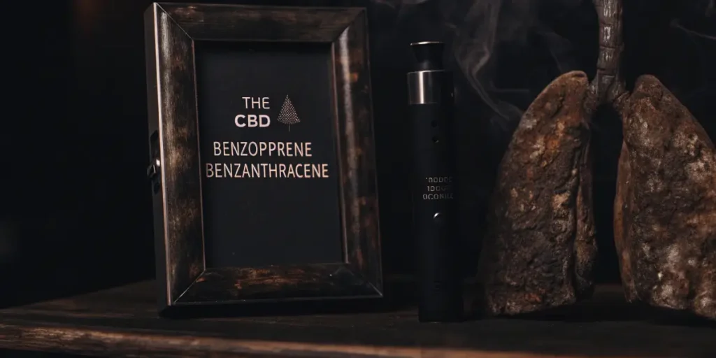 Vape device, lung-shaped object, and a framed card listing "CBD Benzopprene Benzanthracene," with smoke.