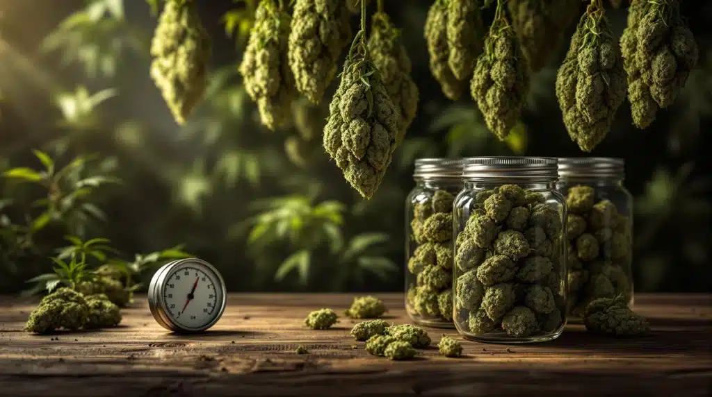 Cannabis buds hanging to dry next to glass jars filled with cured flowers on a wooden table.