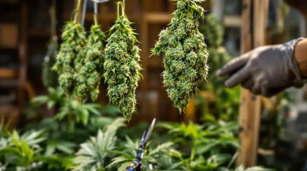 Freshly harvested cannabis buds hanging upside down for drying, with a gloved hand pointing in the background.