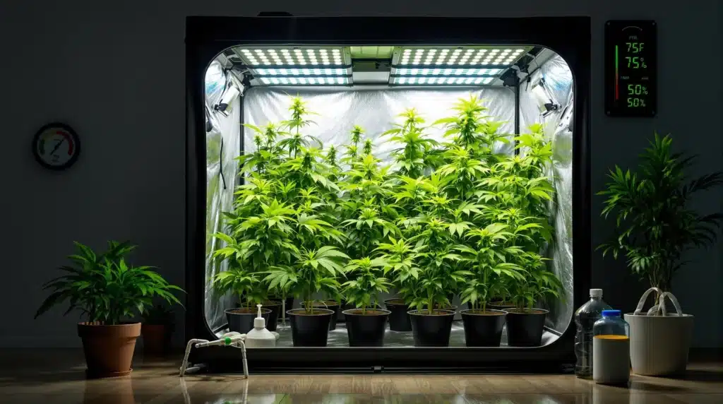 An indoor grow tent filled with healthy cannabis plants under powerful LED grow lights and climate control.