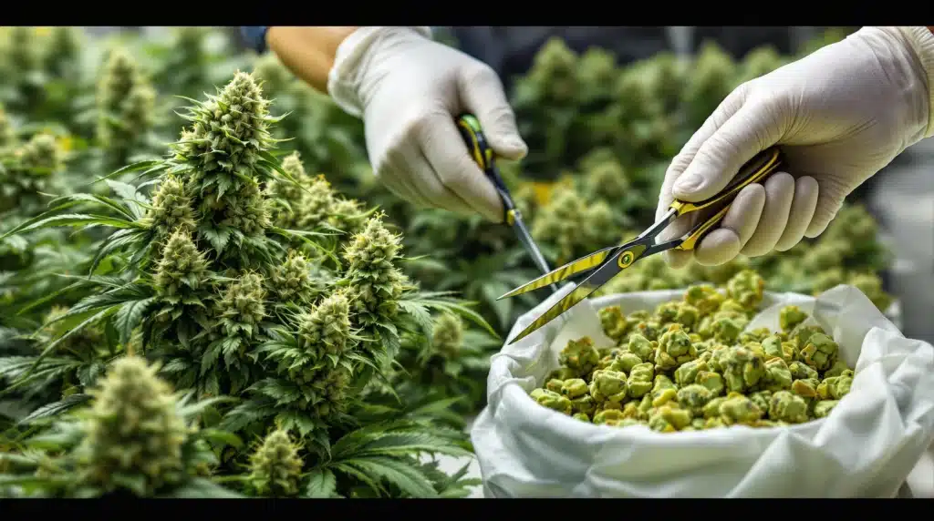 Gloved hands trimming fresh cannabis buds with specialized scissors in a plantation.