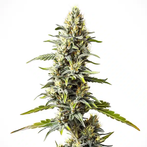 Cream Caramel strain with dense, sugar-coated buds and dark green leaves.