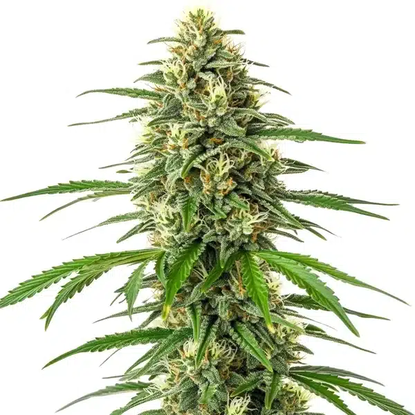 Critical x Amnesia cannabis plant with bright green buds and orange pistils.