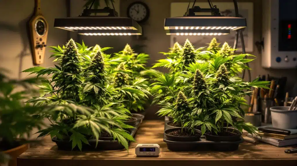 Potted cannabis plants under LED grow lights in a well-organized indoor space.