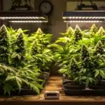 Potted cannabis plants under LED grow lights in a well-organized indoor space.