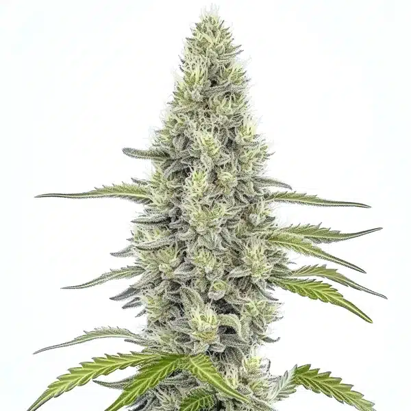 Mazar cannabis plant with silver-frosted buds and dense indica structure.