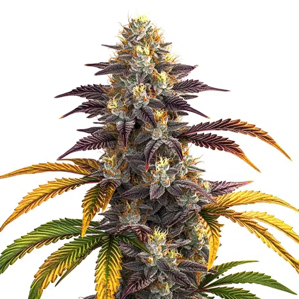 Shiskaberry Punch cannabis plant with purple buds and yellow-tipped leaves covered in trichomes.