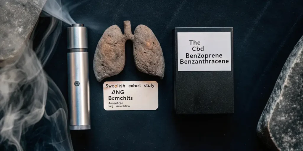 Vape device, lung-shaped stone, and two cards listing "BenzoZopene Benzanthracene" and "Bromchits," with smoke.