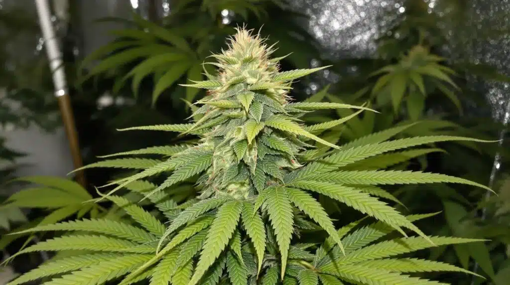 Close-up of a cannabis plant showing a mix of healthy green and yellowing leaves in an indoor grow setup.