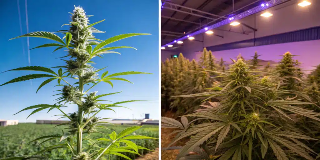 A side-by-side comparison of cannabis plants grown outdoors under natural sunlight and indoors under artificial lighting.
