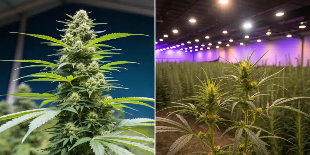 Close-up of two different cannabis strains, showcasing variations in bud size, leaf shape, and cultivation environment.