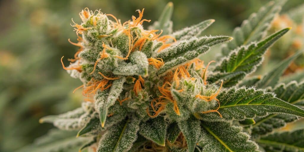 Close-up of a cannabis bud covered in trichomes with vibrant orange pistils, set against a blurred green background.