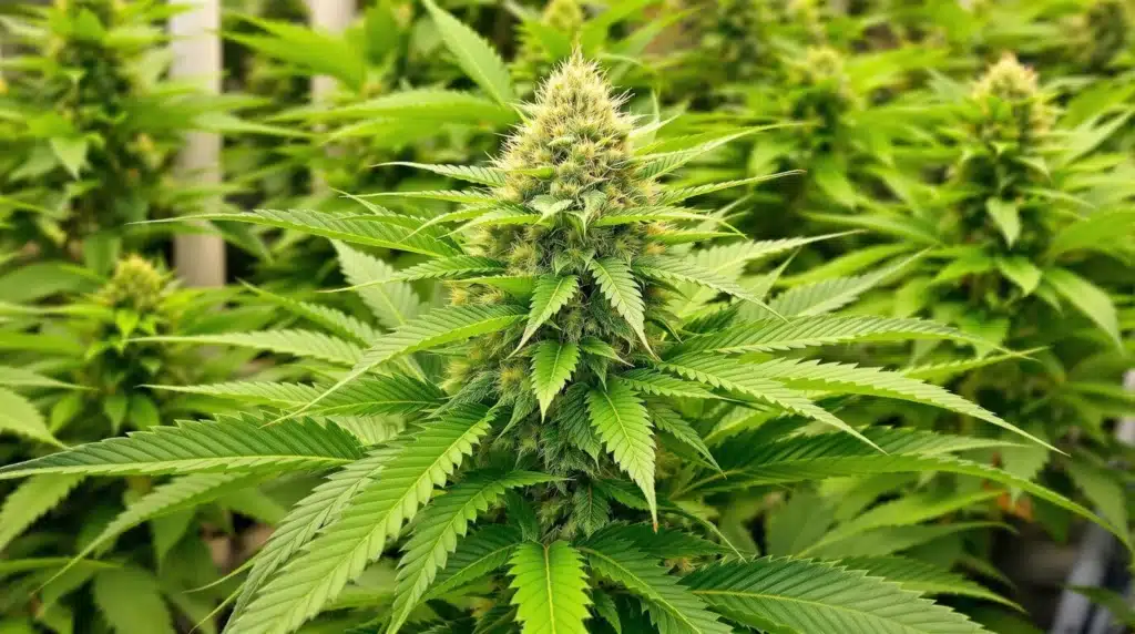 Fully matured cannabis plants growing in an indoor cultivation tent with reflective walls.