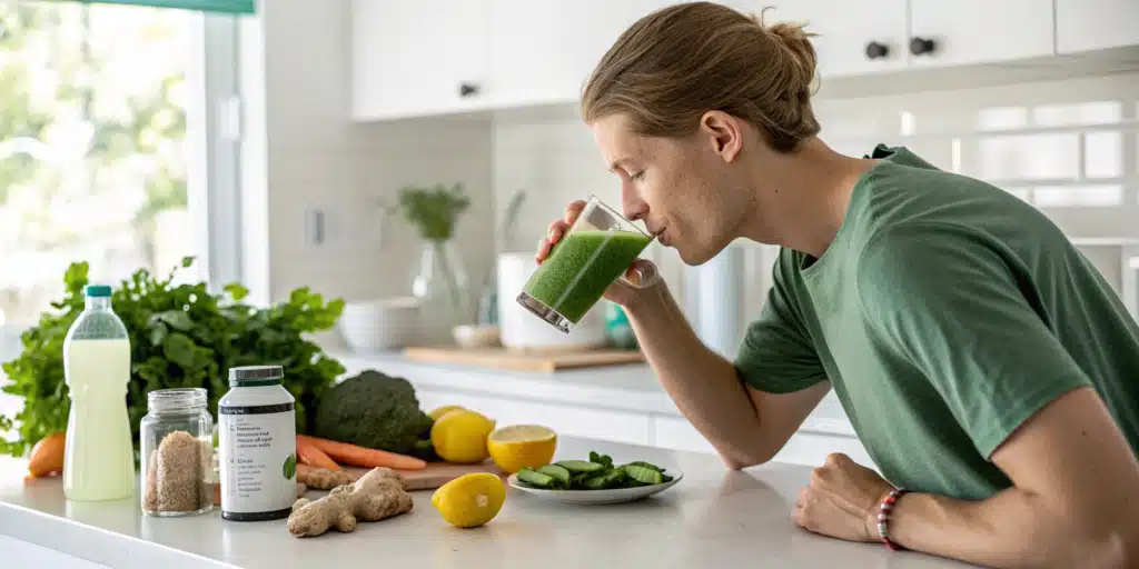Young man drinking a green smoothie in a bright kitchen, surrounded by fresh vegetables, lemon, ginger, and supplements.