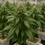 Dense hydroponic cannabis plants growing in rows of white pots with drip irrigation in a controlled indoor environment.
