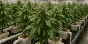Dense hydroponic cannabis plants growing in rows of white pots with drip irrigation in a controlled indoor environment.
