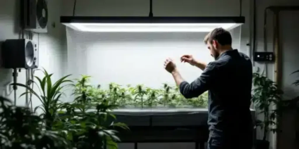 man inspecting cannabis plants under hydroponic lighting system indoors