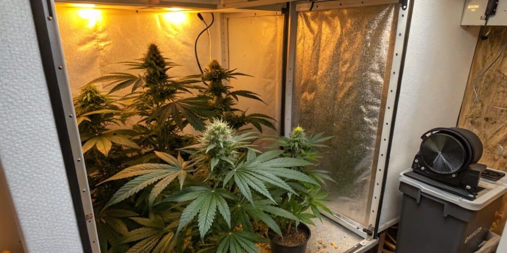 Indoor cannabis plants thriving under warm artificial lighting in a reflective grow tent.