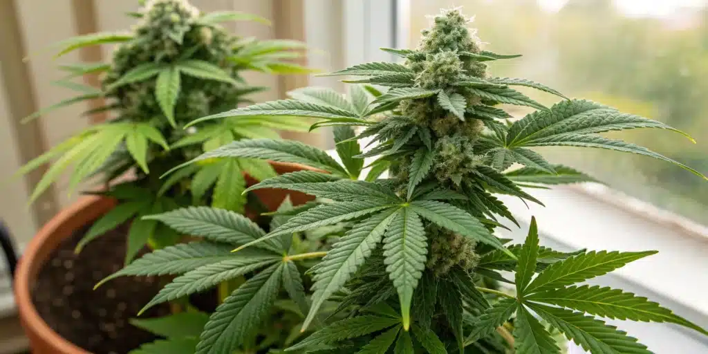 Cannabis plant with thick buds and bright green leaves growing outdoors.