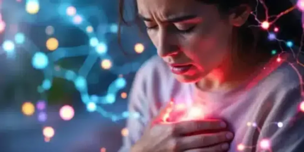 Woman holding chest with glowing nerves, illustrating cannabis impact on mental health
