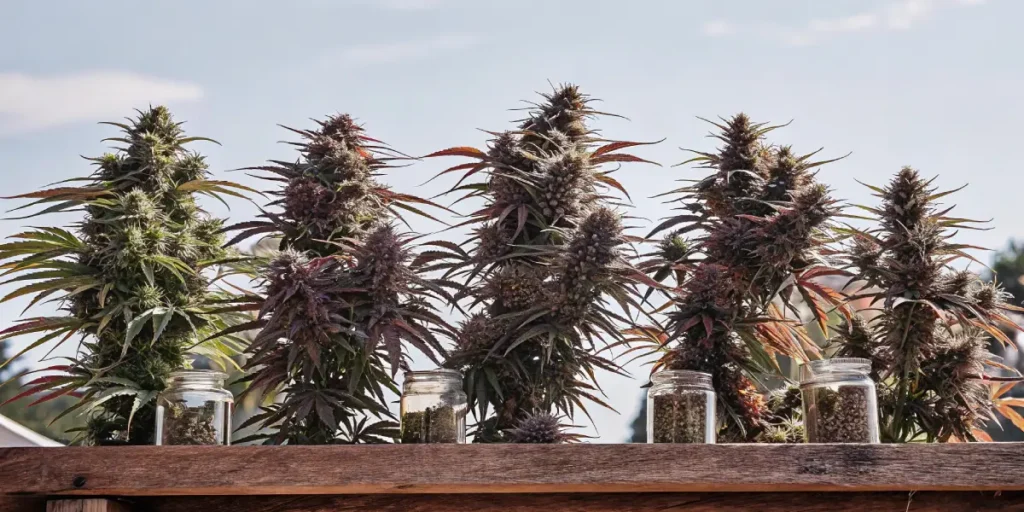 purple-hued cannabis plants with resinous buds and jars of cured cannabis displayed outdoors at sunset