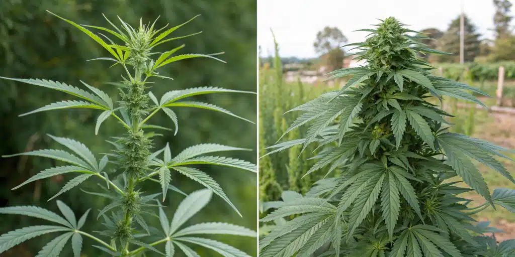 Comparison of Sativa and Indica cannabis plants, highlighting their differences in height, leaf structure, and bud density.