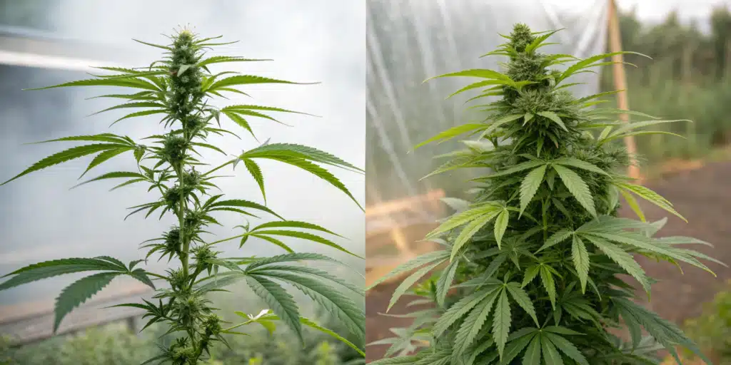 A visual comparison of Sativa and Indica cannabis plants, illustrating their structural and environmental differences.