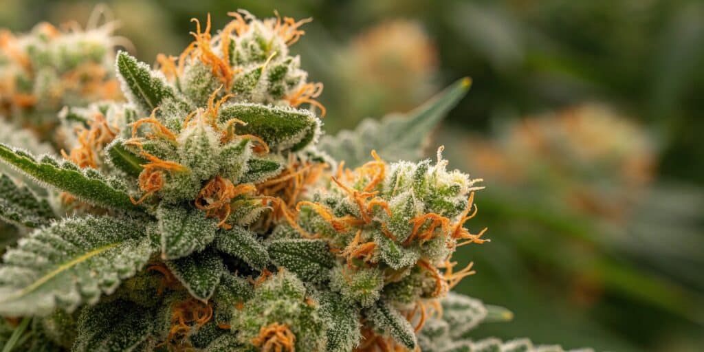 Macro shot of cannabis buds with a thick layer of trichomes and orange pistils, surrounded by deep green leaves.